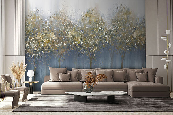 Fotomurales Pintura de árboles en un bosque con niebla