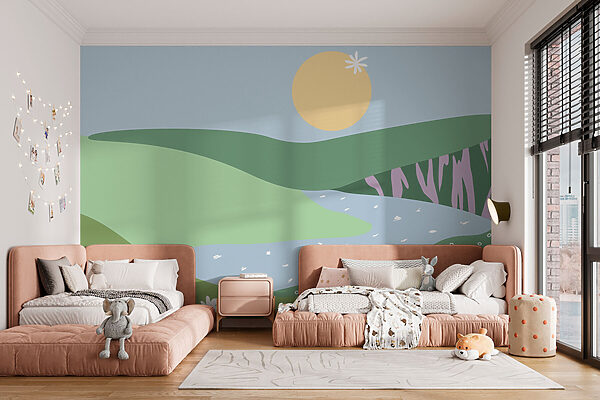 Fotomurales Paisaje con un río y flores