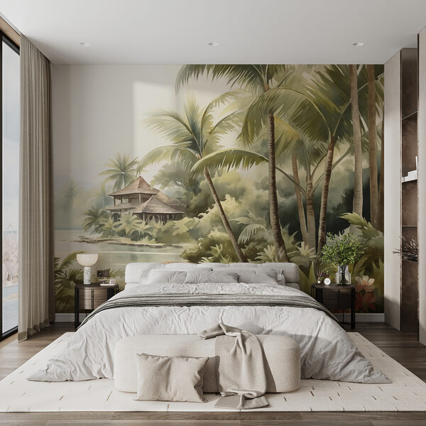 Pintura en acuarela de una casa y palmeras Fotomurales Pintura en acuarela de una casa y palmeras