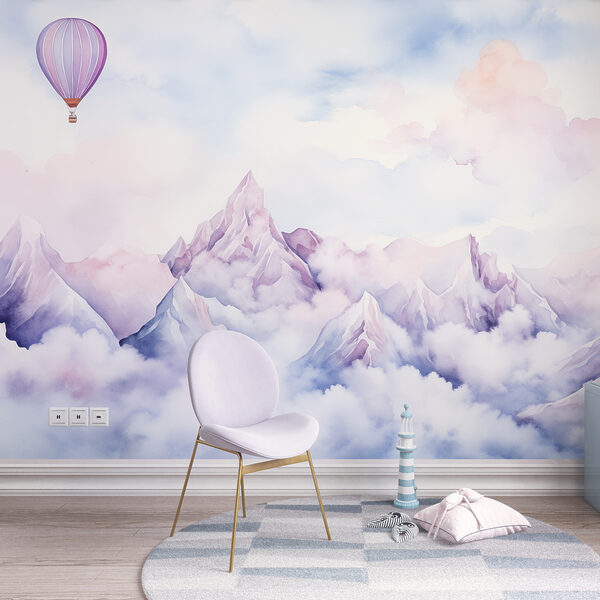 Pintura de una cadena montañosa con un globo en el cielo Fotomurales Pintura de una cadena montañosa con un globo en el cielo