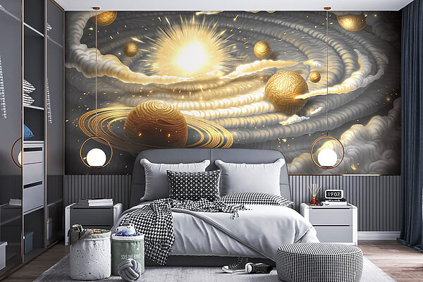 Planeta con anillos y estrellas en el cielo Fotomurales Planeta con anillos y estrellas en el cielo