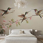 Fotomurales Pintura de colibríes en una rama con flores