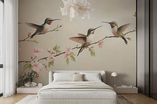 Pintura de colibríes en una rama con flores Fotomurales Pintura de colibríes en una rama con flores