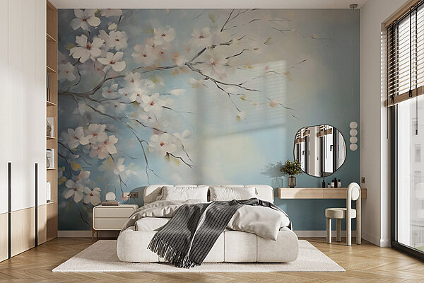 Pintura de una rama de árbol con flores blancas Fotomurales Pintura de una rama de árbol con flores blancas