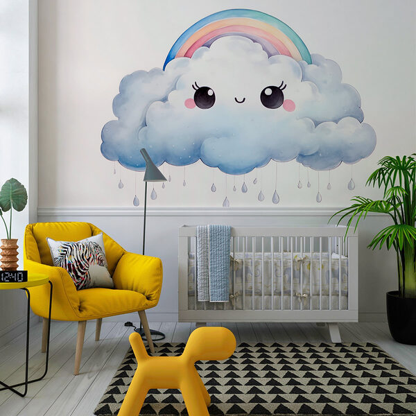 Dibujo animado de una nube con un arco iris y gotas de lluvia Fotomurales Dibujo animado de una nube con un arco iris y gotas de lluvia