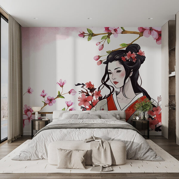 Mujer con kimono y flores Fotomurales Mujer con kimono y flores