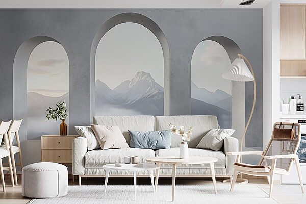 Habitación blanca con ventanas arqueadas y montañas al fondo Fotomurales Habitación blanca con ventanas arqueadas y montañas al fondo