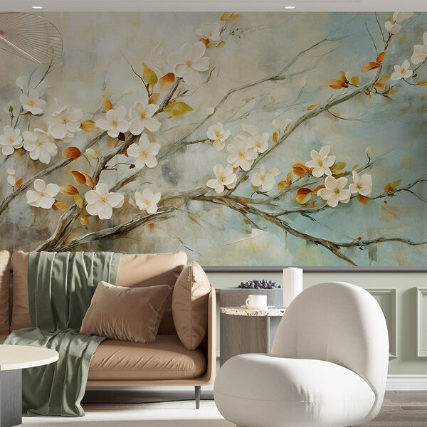Fotomurales Pintura de una rama con flores blancas