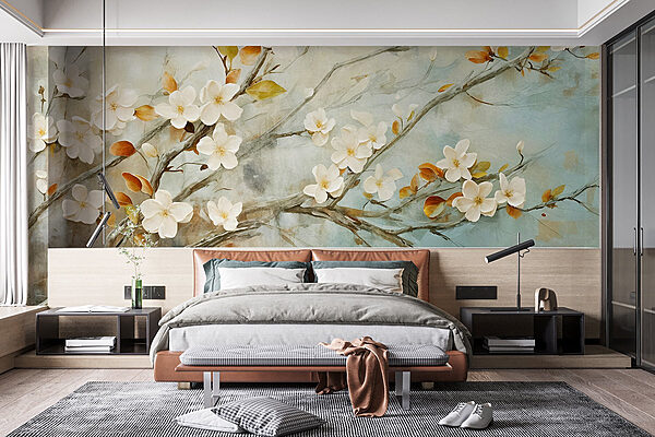 Pintura de una rama con flores blancas Fotomurales Pintura de una rama con flores blancas