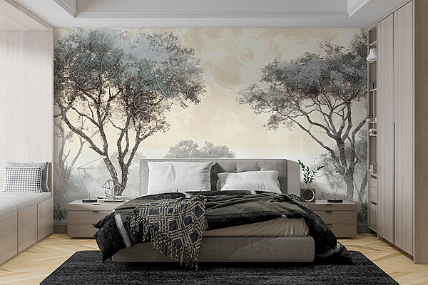 Paisaje brumoso con árboles y plantas Fotomurales Paisaje brumoso con árboles y plantas