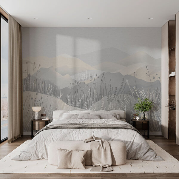 Pintura de un paisaje con montañas y hierba Fotomurales Pintura de un paisaje con montañas y hierba
