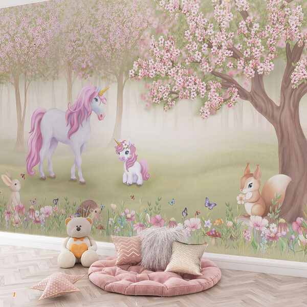 Fotomurales Unicornio y una ardilla en un bosque