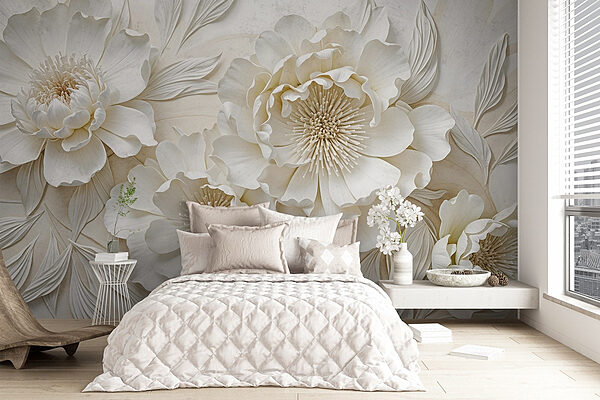 Flores blancas con hojas Fotomurales Flores blancas con hojas