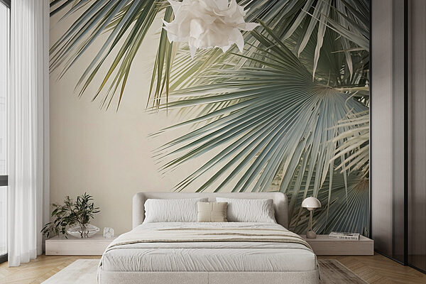 – Exuberantes hojas de palmera sobre un fondo suave Fotomurales – Exuberantes hojas de palmera sobre un fondo suave