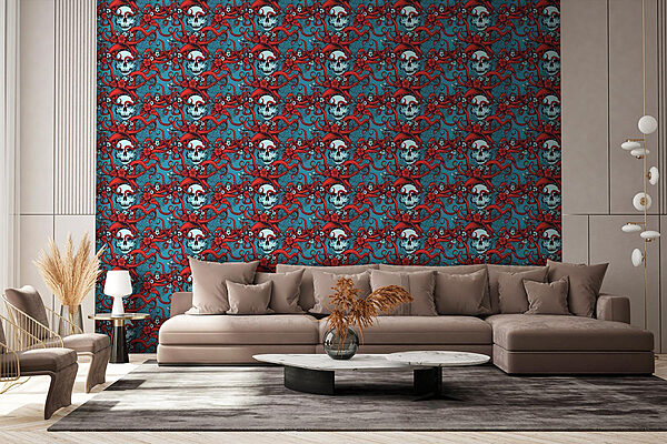 Patrón de calaveras con sombreros rojos Fotomurales Patrón de calaveras con sombreros rojos