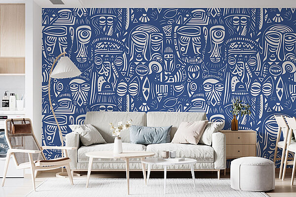 Dibujo de caras en azul y blanco Fotomurales Dibujo de caras en azul y blanco