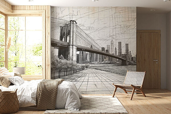 Dibujo de un puente y una ciudad Fotomurales Dibujo de un puente y una ciudad
