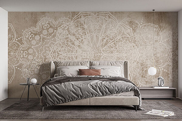 Diseño ornamental blanco sobre una superficie marrón Fotomurales Diseño ornamental blanco sobre una superficie marrón