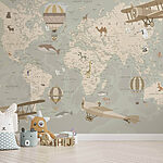 Fotomurales Mapa del mundo con aviones y globos aerostáticos