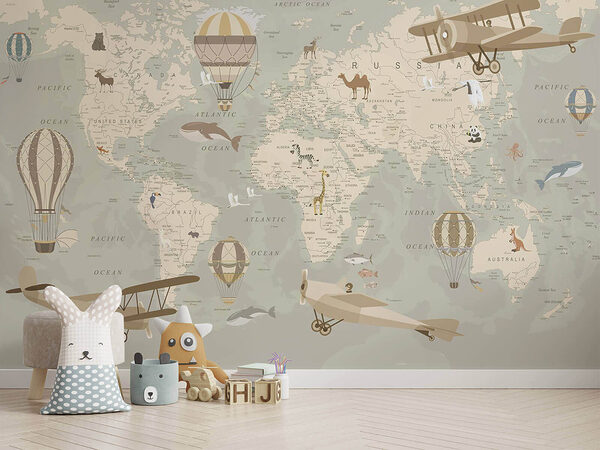 Fotomurales Fotomurales Mapa del mundo con aviones y globos aerostáticos (SKU: u36066)