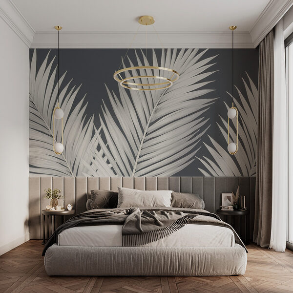 Elegantes hojas de palmera sobre un fondo gris Fotomurales Elegantes hojas de palmera sobre un fondo gris