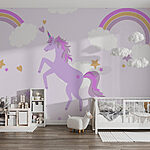 Fotomurales Unicornio morado con estrellas y arco iris