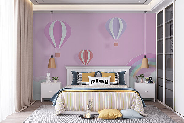 Fondo rosa con globos y un arco iris Fotomurales Fondo rosa con globos y un arco iris