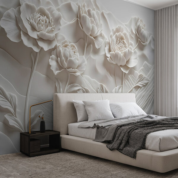 Tallado de flores blancas en una pared Fotomurales Tallado de flores blancas en una pared