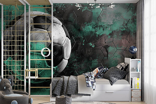 Balón de fútbol sobre fondo verde y negro Fotomurales Balón de fútbol sobre fondo verde y negro