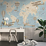 Fotomurales Mapa del mundo con aviones y globos aerostáticos