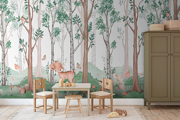 Papel pintado con un bosque de árboles y animales Fotomurales Papel pintado con un bosque de árboles y animales