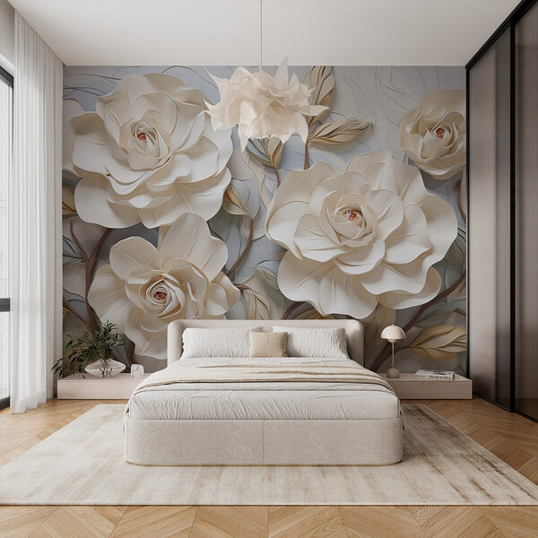 Flores y hojas blancas sobre una superficie blanca Fotomurales Flores y hojas blancas sobre una superficie blanca