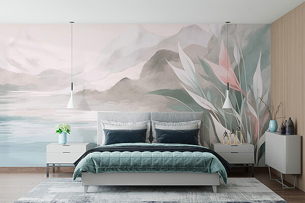 Pintura de una montaña y agua Fotomurales Pintura de una montaña y agua