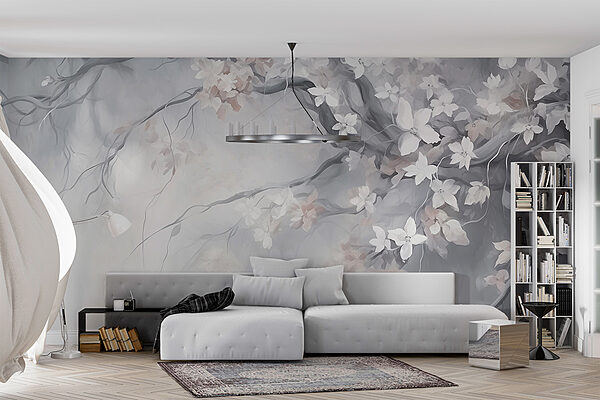 Pintura de un árbol con flores blancas Fotomurales Pintura de un árbol con flores blancas
