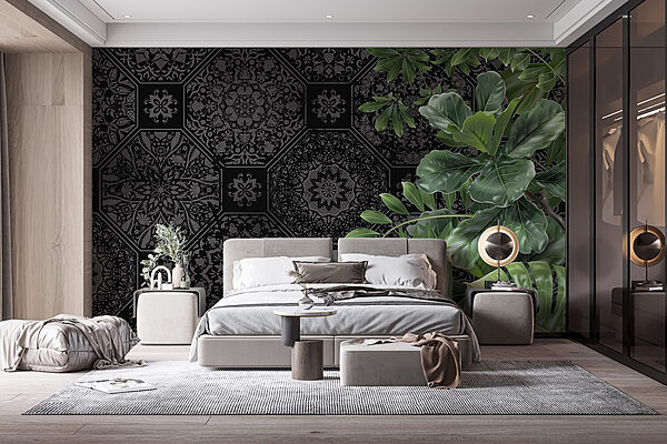 Papel pintado negro y gris con hojas verdes Fotomurales Papel pintado negro y gris con hojas verdes