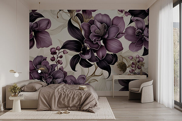 Elegante arreglo floral morado en exposición Fotomurales Elegante arreglo floral morado en exposición