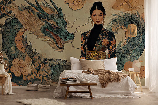 Mujer con kimono y dragón Fotomurales Mujer con kimono y dragón