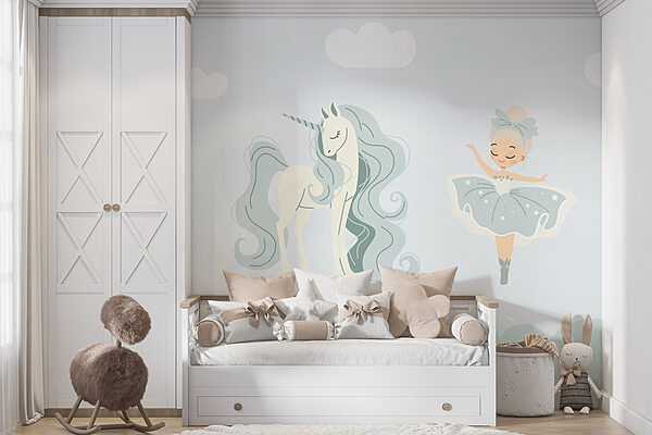 Dibujo animado de una niña y un unicornio Fotomurales Dibujo animado de una niña y un unicornio