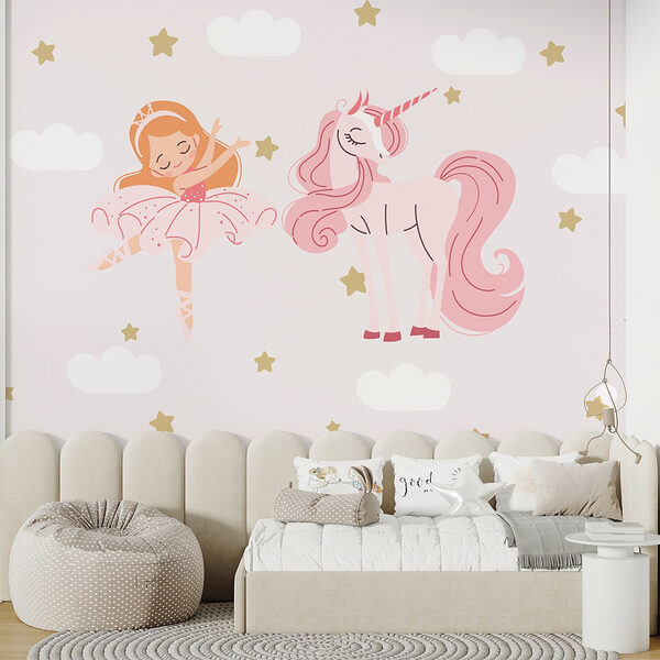 Dibujo animado de una bailarina de ballet y un unicornio Fotomurales Dibujo animado de una bailarina de ballet y un unicornio