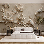 Fotomurales Pájaro blanco en una rama con flores