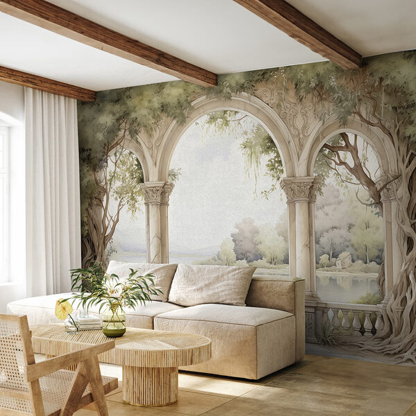 Pintura en acuarela de un arco de piedra con árboles y un lago Fotomurales Pintura en acuarela de un arco de piedra con árboles y un lago