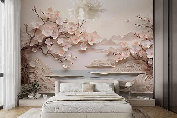 Recorte de papel de un árbol con flores y agua Fotomurales Recorte de papel de un árbol con flores y agua