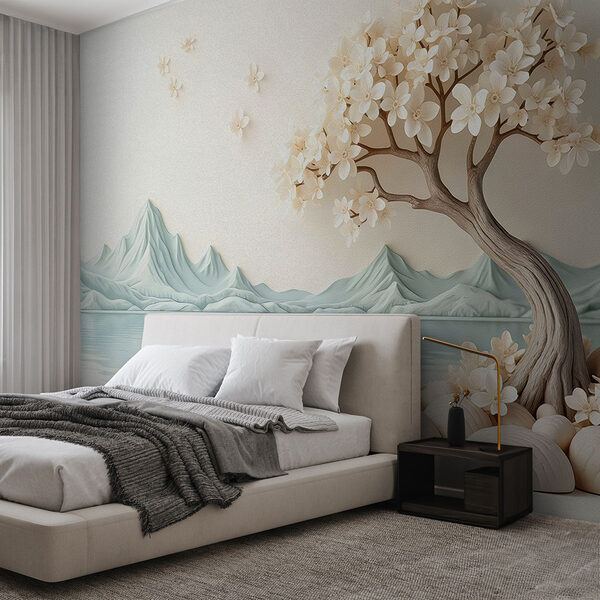 Árbol con flores y rocas junto al agua Fotomurales Árbol con flores y rocas junto al agua