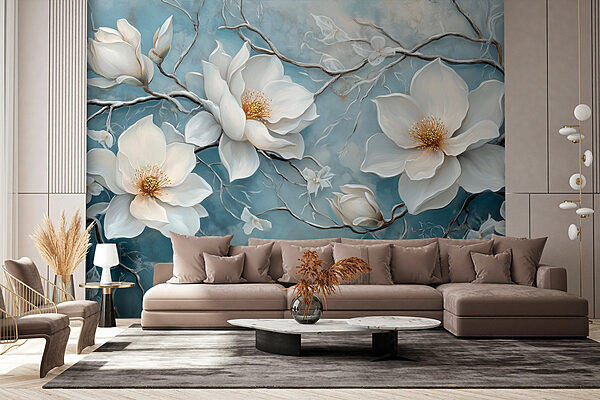 Pintura de flores blancas sobre fondo azul Fotomurales Pintura de flores blancas sobre fondo azul