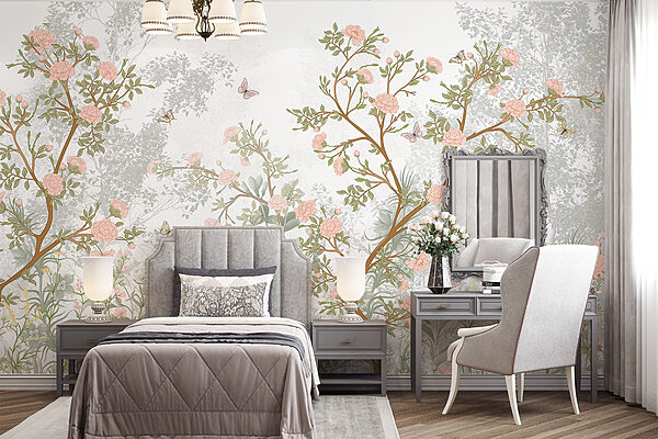 Fotomurales Fotomurales Pintura de un árbol con flores y mariposas (SKU: w08744)