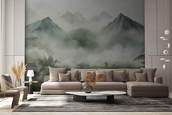 Fotomurales Paisaje brumoso con montañas y árboles