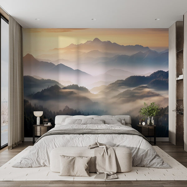 Fotomurales Paisaje de montañas con niebla y árboles
