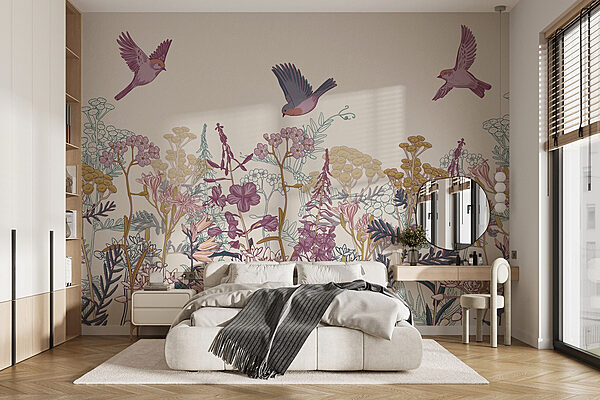 Fotomurales Pájaros volando sobre flores