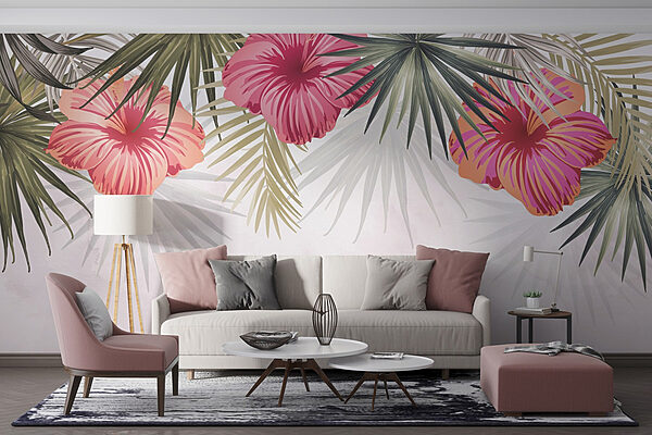 Fotomurales Grupo de flores rosas y hojas verdes
