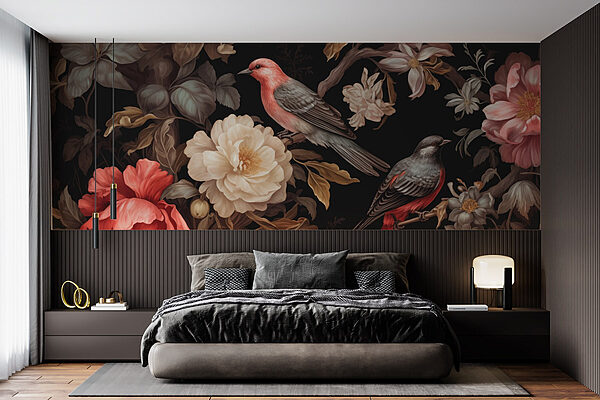 Pintura de pájaros sobre flores Fotomurales Pintura de pájaros sobre flores